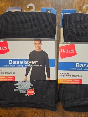 Lot Of 2Hanes Baselayer Waffle Knit Thermal Black Small Long Sleeve Crewneck NEW